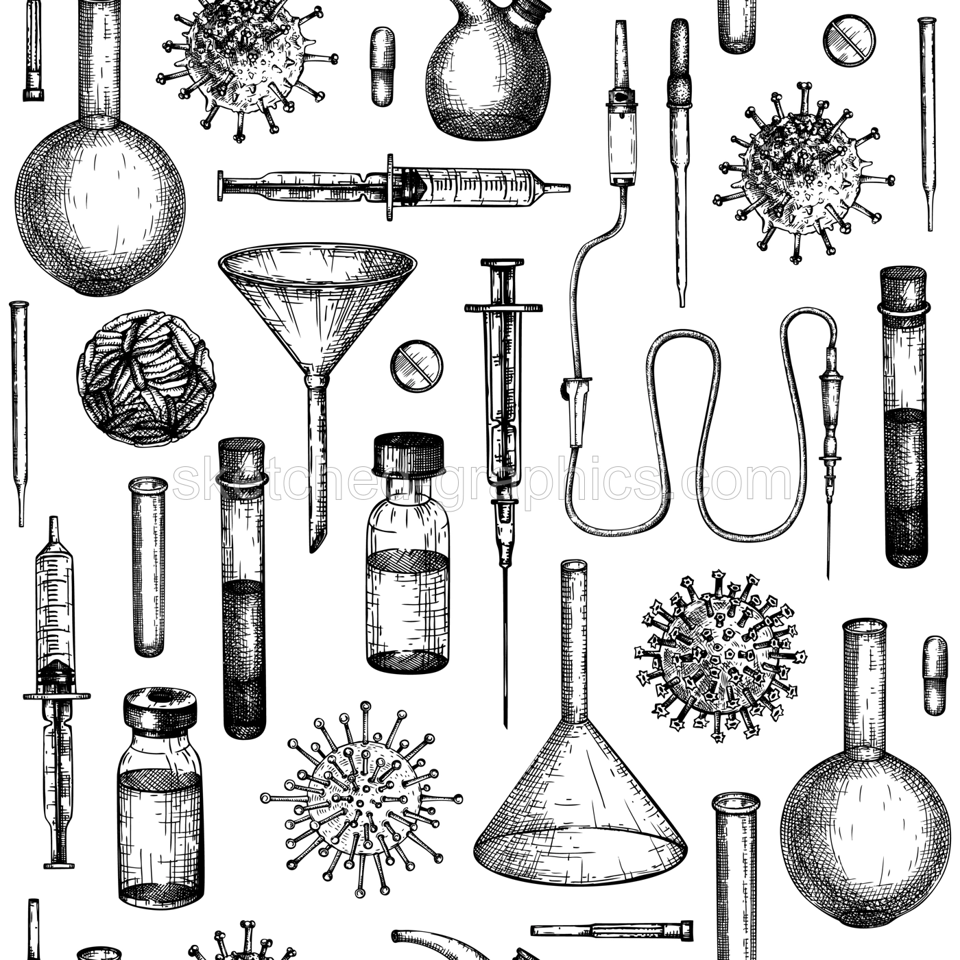 Antiviral therapy and vaccination background. Hand drawn vector illustrations. Vaccine in bottles, laboratory equipment, different virus sketches. Medicine seamless pattern . Covid-19 drawing  Illustration